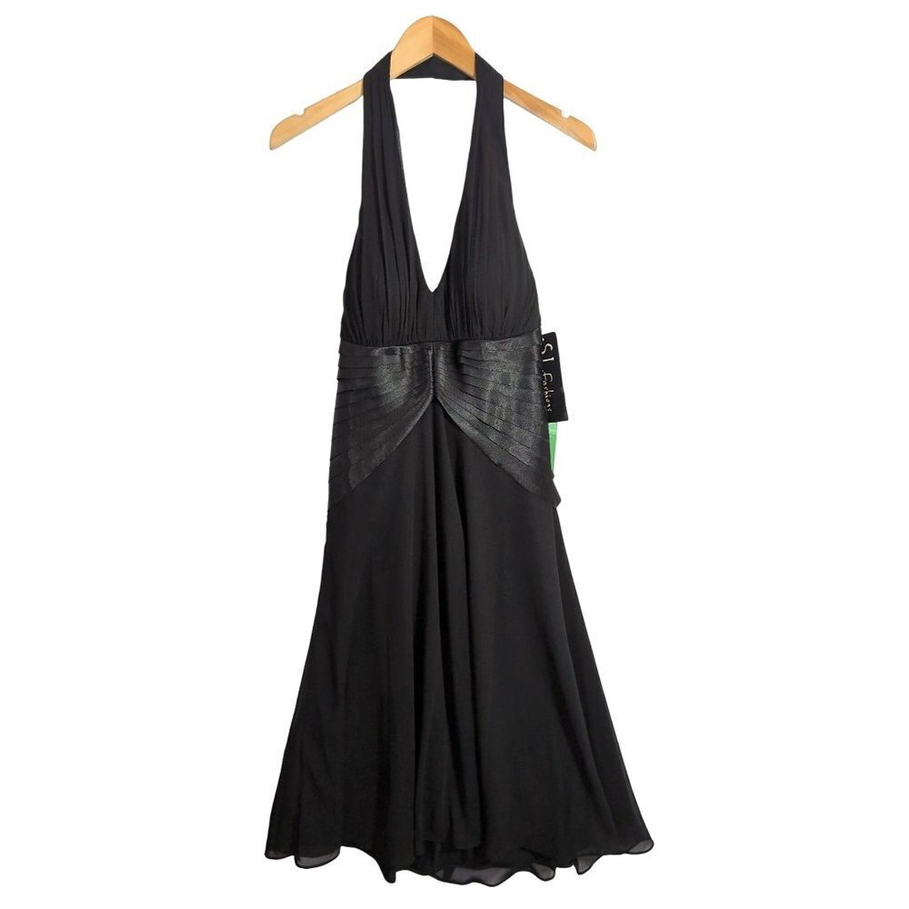 SL Fashions Fit & Flare Dress Womens 10 Black Halter V-Neck Sleeveless